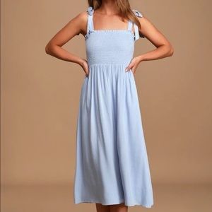New Lulus Looking Up Light Blue Smocked Tie-Strap Midi Dress